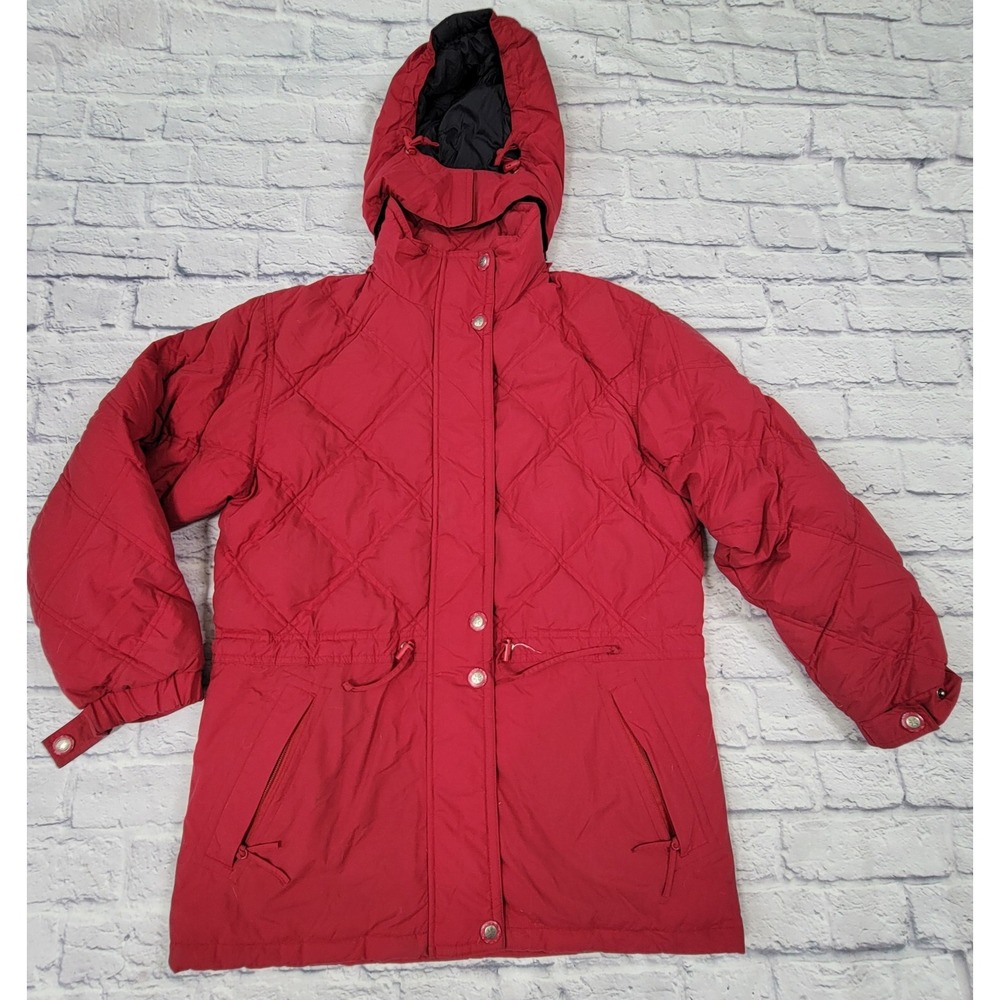 L.L. Bean Medium Red Burgundy‎ Quilted Coat Puffer Jacket Goose Down Hooded M